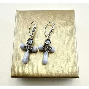 Sarda Sterling Silver Earrings Cross Blue Lace Agate Religious Dangle Jesus Holy